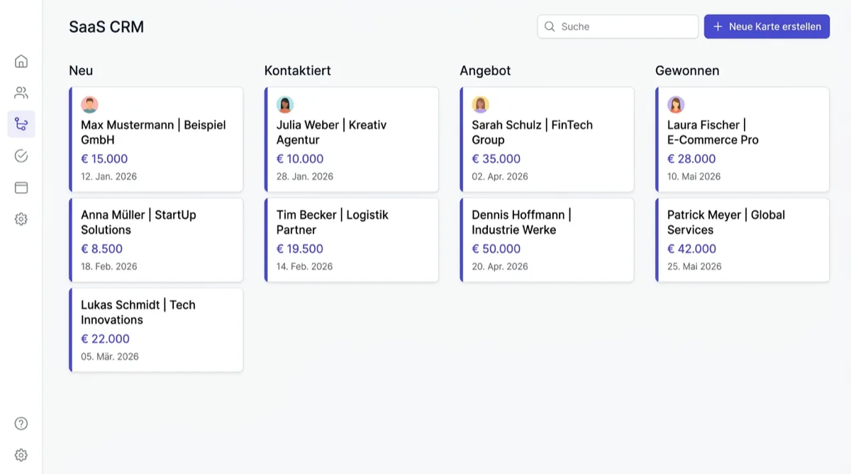 SaaS-CRM mit Lead-Pipeline in Kanban-Ansicht